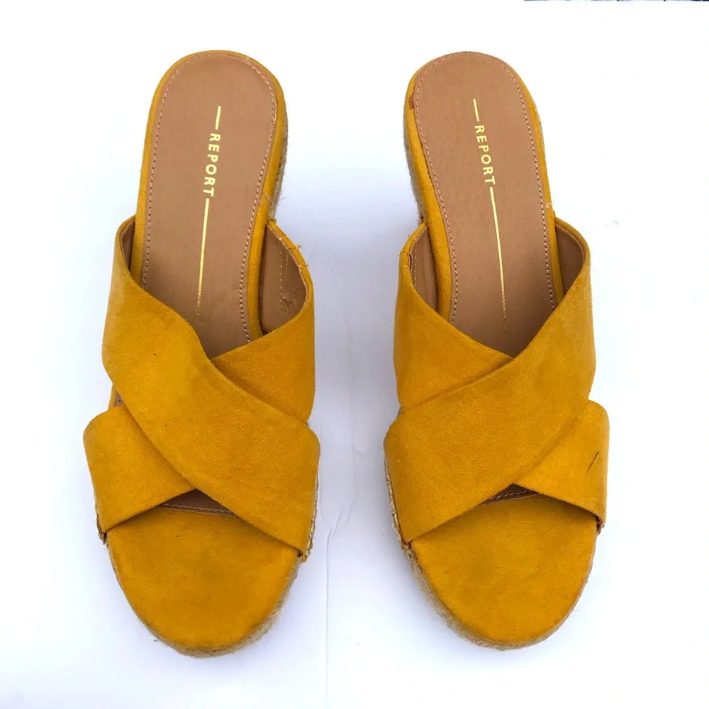Golden Yellow Suede Slide Rope Wedge Espadrilles by Report in size 9